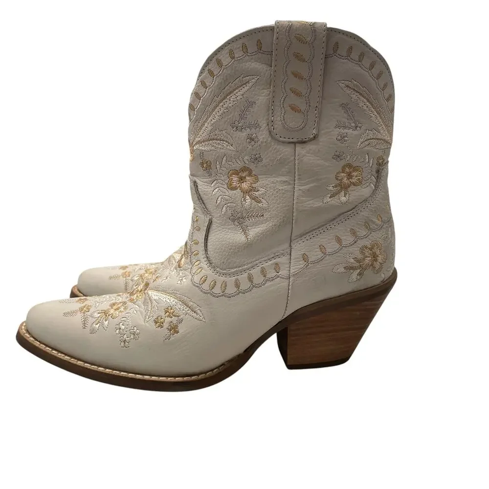Dingo Primrose Western Bootie White Leather Floral Embroidered Womens Size 8